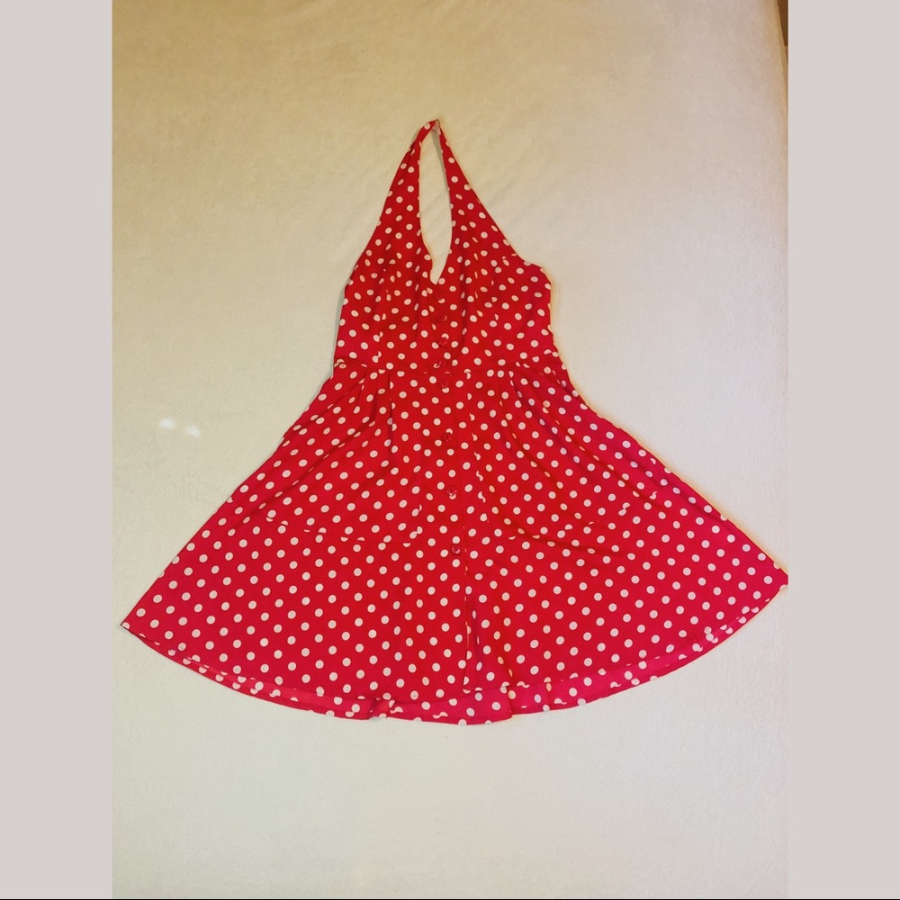 Red polka dot halter dress